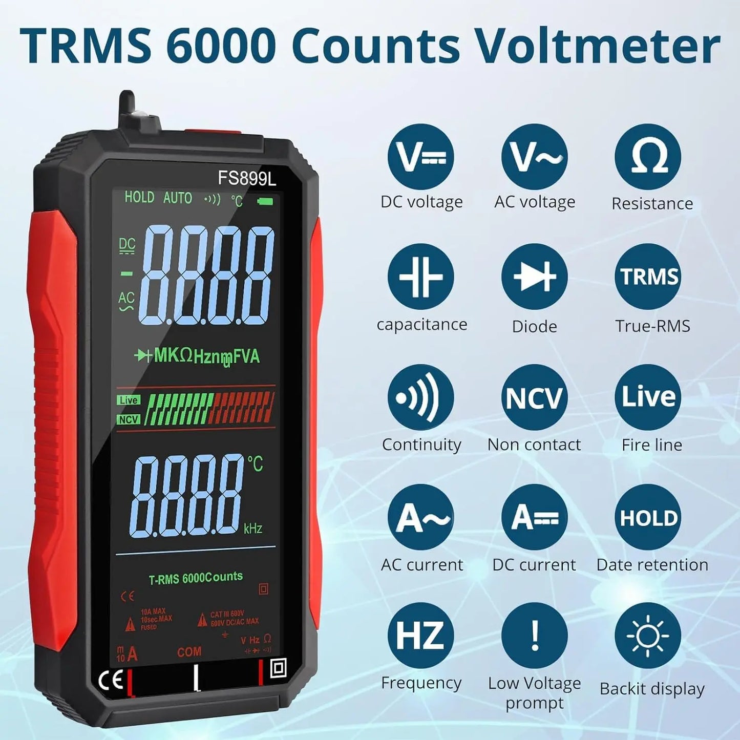 6000 Counts Digital Smart Multimeter with NCV & Temperature Test