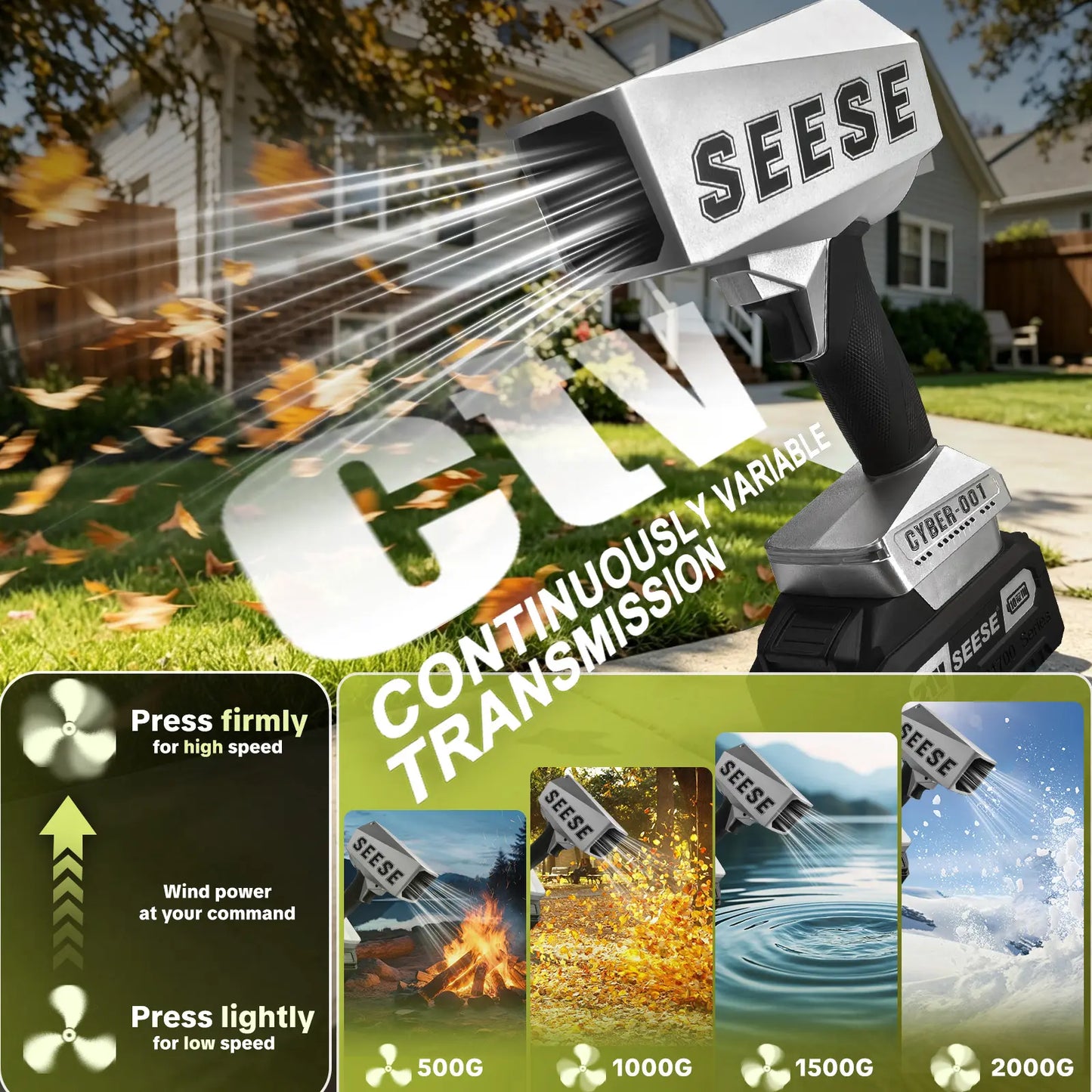 SEESE 2000G Cordless Leaf Blower with Brushless Motor & Battery